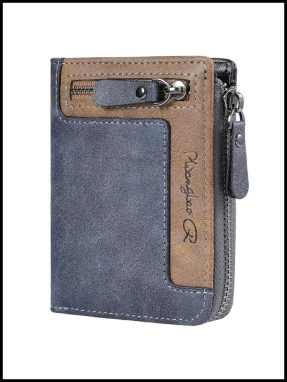 Men's Bifold Zipper Wallet Vintage Patchwork Card Holder with Coin Pocket